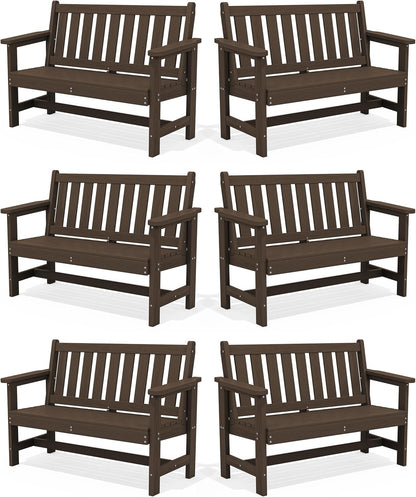 SERWALL Outdoor Bench, HDPE Outdoor Benches Weatherproof, 2-Person Garden Bench with 660 lbs Weight Capacity, Patio Benches for Outdoors, Garden, Porch, Backyard and Park, Coffee, 6 Pack
