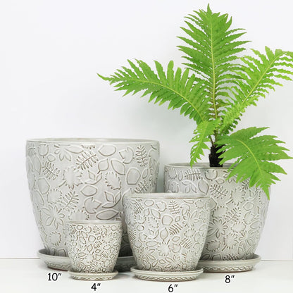 8 Inch + 6 Inch Retro Ceramic Planter Set of 2 with Drainage Hole and Saucer for Multiple Plants, Indoor-Outdoor Garden Pots for Succulent, Orchid, and Flower (Retro White)