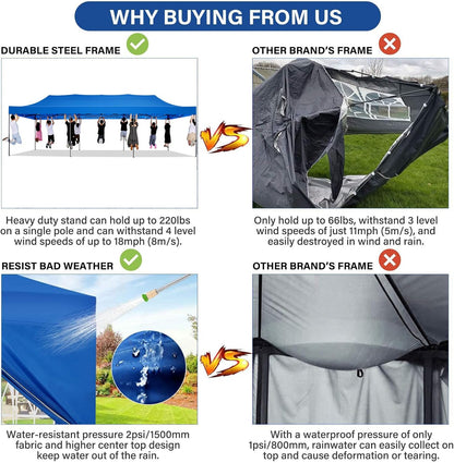 COBIZI 10x30 Pop Up Canopy with 8 Sidewall,Heavy Duty Canopy UPF 50+ All Season Wind Waterproof Commercial Outdoor Wedding Party Tents for Parties Canopy Gazebo with Roller Bag(10 x 30 ft Blue)