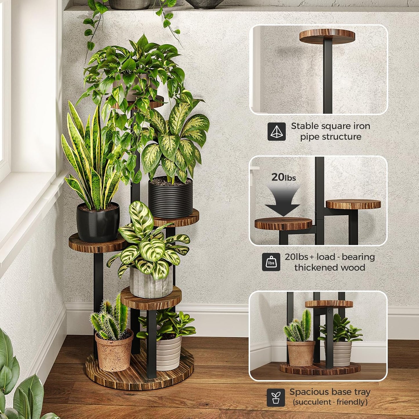 Bamworld 4 Tier Plant Stand Indoor, Tall Metal Wood Plant Shelf Outdoor,Small Flower Pot Holder Table Rack Garden Accessories for Corner Living Room Balcony Patio