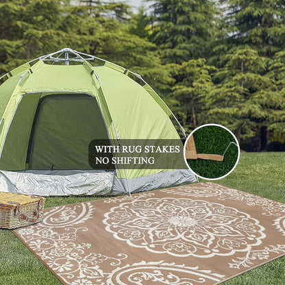 Pauwer Waterproof Outdoor Rug 6x9, Reversible Plastic Straw Patio Camping Rug, Indoor Outdoor RV Mat Carpet for Deck, Camper, Porch, Balcony, Backyard, Picnic, Boho Brown