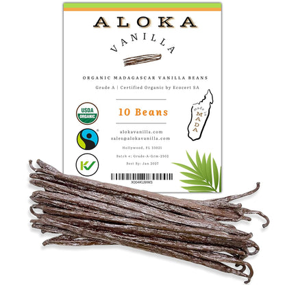 10 Count Organic Madagascar Vanilla Beans – Grade A Bourbon Pods | Gourmet Whole Vanilla Beans for Baking, Cooking, Extract Making | Rich Aroma, Premium Flavor, Non-GMO, Vegan