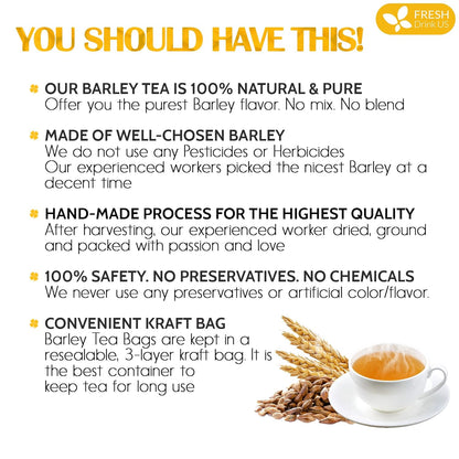 FreshDrinkUS Premium 120 Barley Tea Bags, 100% Natural & Pure. Loose Barley Herbal Tea. Made with Natural Material Tea Bags. No Sugar, No Caffeine, No Gluten, Vegan