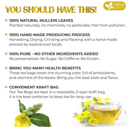 FreshDrinkUS, Premium 40 Mullein Leaf Tea For Lungs, Great Lung Detox For Smokers, Handmade, 100% Natural & Pure, No Sugar, No Caffeine, No Gluten, Vegan
