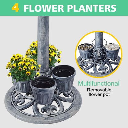 Bird Bath for Outside with 4 Removable Flower Planters 28in Polyresin Lightweight Vintage Birdbath for Outdoors Stake Standing Bowl and Water Feeder Yard Garden Decor Gray