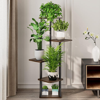 AZERPIAN Plant Stand 5 Tier Indoor Metal Flower Shelf for Multiple Plants Corner Tall Flower Holders for Patio Garden Living Room Balcony Bedroom, Black Oak (5 Tier-Black Oak)