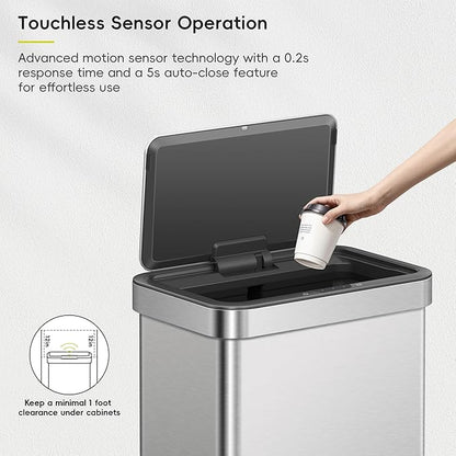 EKO Nova Sensor Trash Can, 21 Gallon/80 Liter Stainless Steel Rectangular Touchless Motion Sensor Trash Can, Matte Metallic