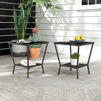 Outdoor Small Patio Table - PE Rattan Coffee Table, Wicker Side Table for Patio, Balcony & Porch, Durable & Iron Frame (2, Black Brown)