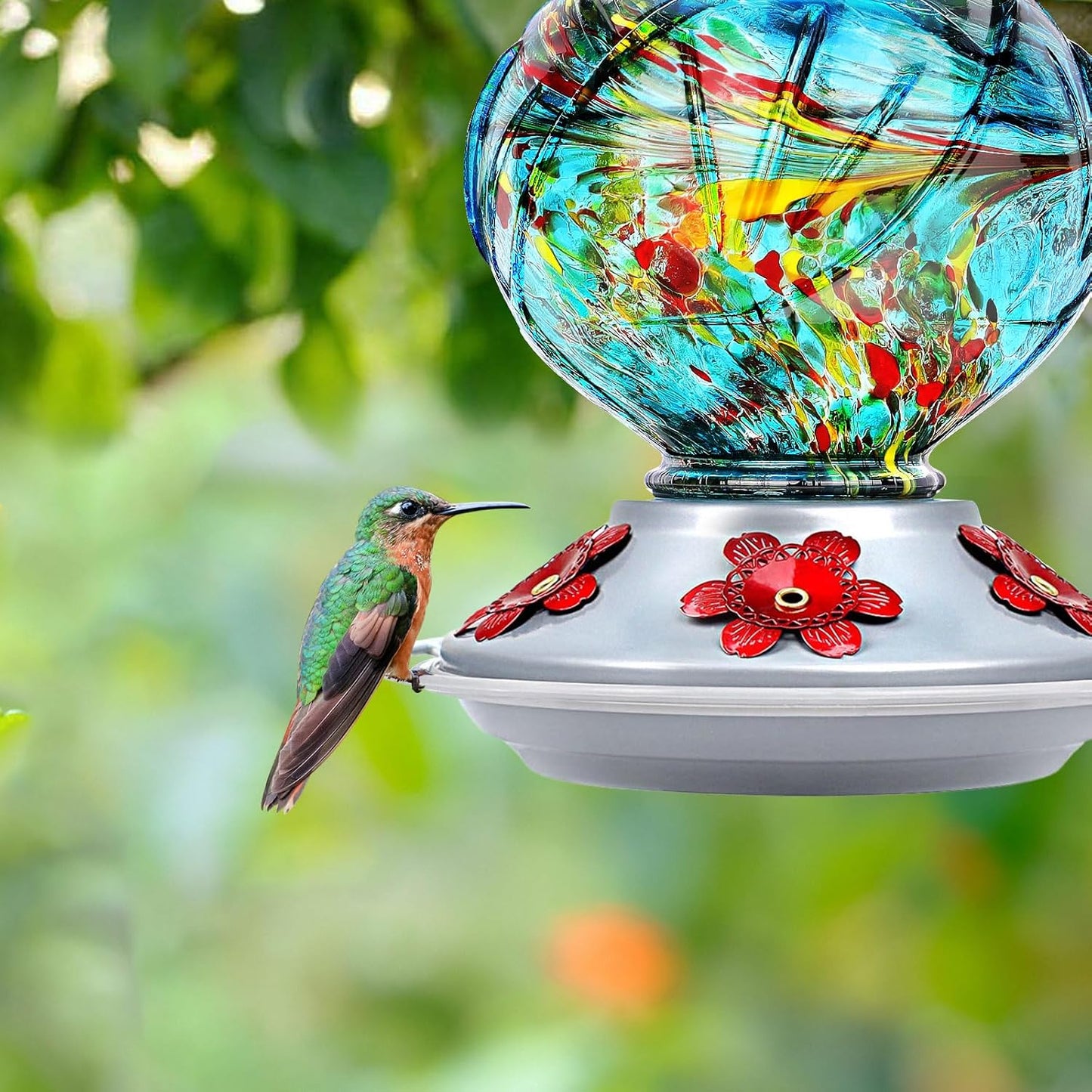 BOLITE Hummingbird Feeder, Hand Blown Glass Hummingbird Feeders for Outdoors Hanging, with Ant Moat and 5 Feeding Ports, 22 Ounces, Peony Flower Shape, Blue, Gifts for Women Men, Gifts for Mom Dad