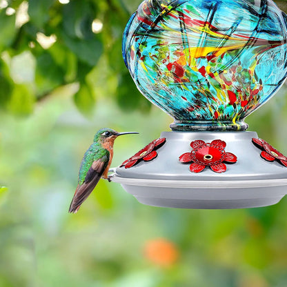 BOLITE Hummingbird Feeder, Hand Blown Glass Hummingbird Feeders for Outdoors Hanging, with Ant Moat and 5 Feeding Ports, 22 Ounces, Peony Flower Shape, Blue, Gifts for Women Men, Gifts for Mom Dad