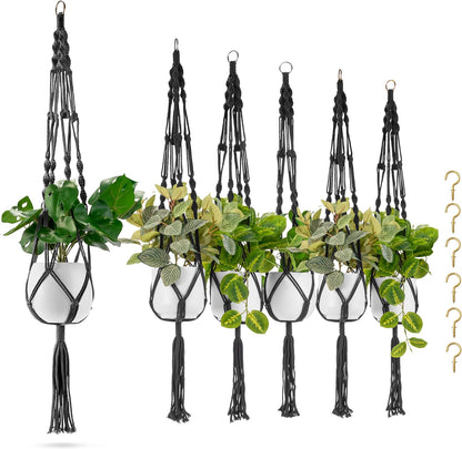Sorbus Macrame Plant Hanger (6 Pack) Indoor Outdoor Hanging Plant Pots Cotton Rope, Elegant for Home, Patio, Garden (Black)
