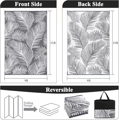Pauwer Waterproof Outdoor Rug 9x12, Reversible Plastic Straw Patio Camping Rug, Indoor Outdoor RV Mat Carpet for Deck, Camper, Porch, Balcony, Backyard, Picnic, Leaf Grey