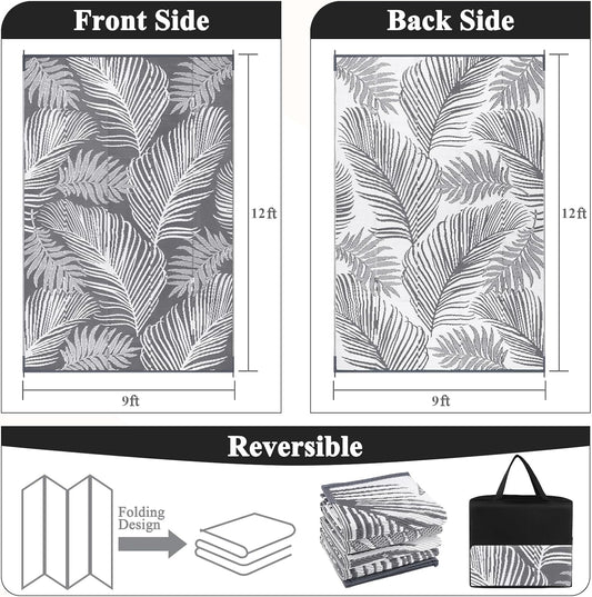 Pauwer Waterproof Outdoor Rug 9x12, Reversible Plastic Straw Patio Camping Rug, Indoor Outdoor RV Mat Carpet for Deck, Camper, Porch, Balcony, Backyard, Picnic, Leaf Grey