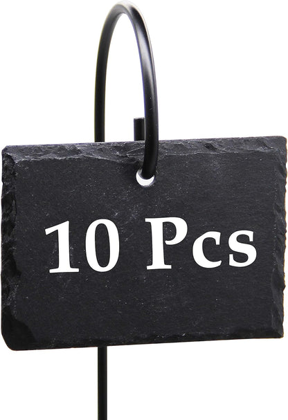 FORUP Plant Labels, 10pcs Garden Markers Signs Labels, Weatherproof Reusable Natural Slate Hanging Tags on Stainless Steel Metal Rod for Flower Bed, Pots, Planters
