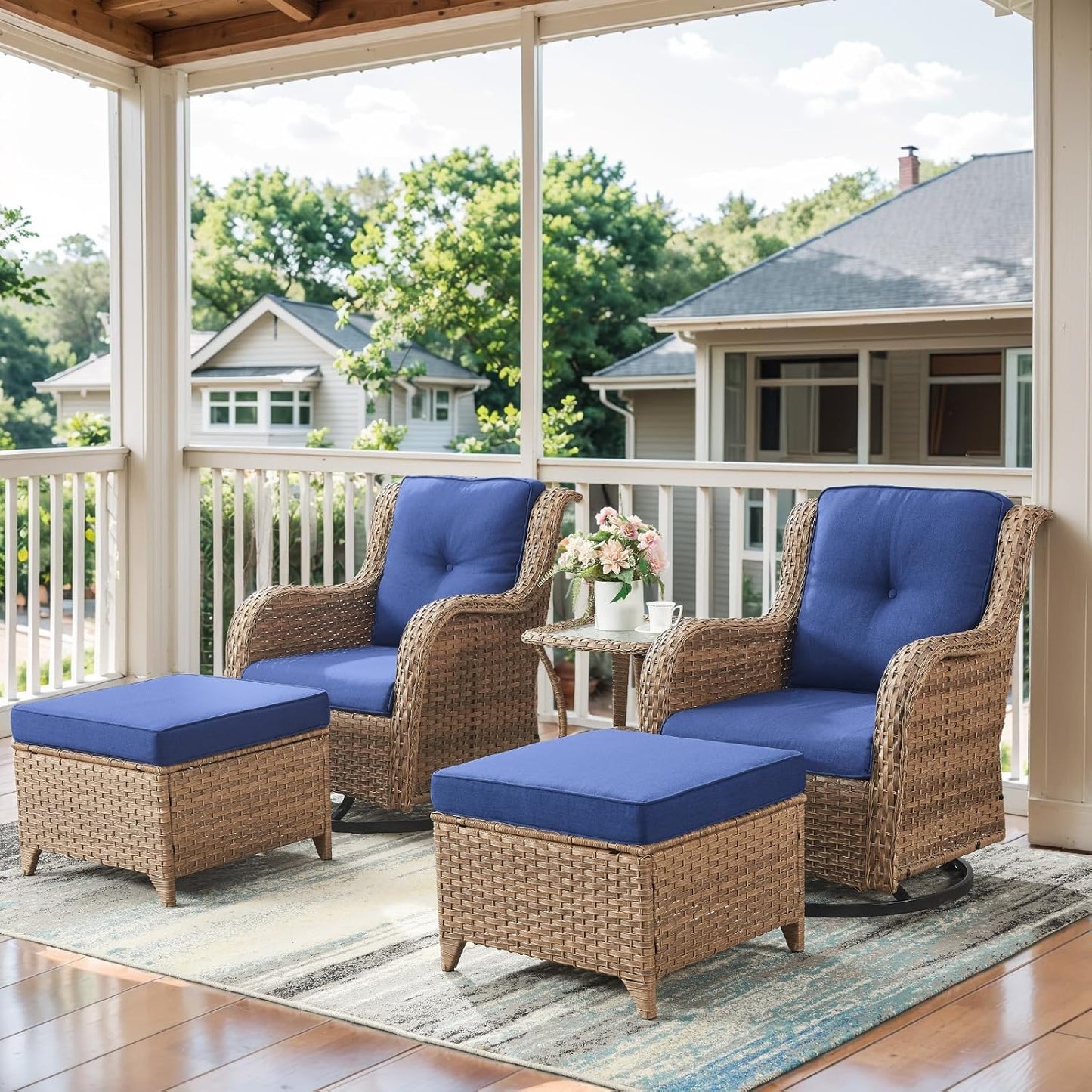 5 Pieces Patio Furniture Sets Wicker Outdoor Furniture, Rattan Patio Swivel Glider Chairs with 2 Ottoman and Glass Side Table, Yellow