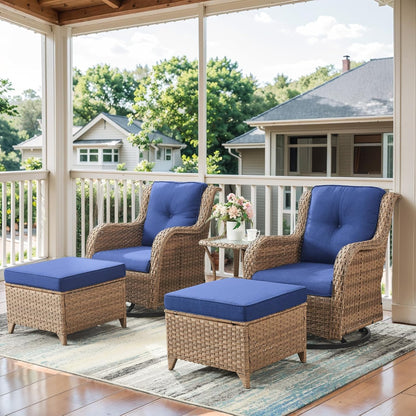 5 Pieces Patio Furniture Sets Wicker Outdoor Furniture, Rattan Patio Swivel Glider Chairs with 2 Ottoman and Glass Side Table, Yellow