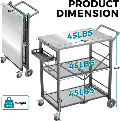 Ciokea Folding Outdoor Grill Cart with Wheels, 3-Shelf Grill Table with 27x18 in Stainless Steel Top, Rolling Pizza Oven Stand, Metal Portable Cart for BBQ Patio Camping (Grey)