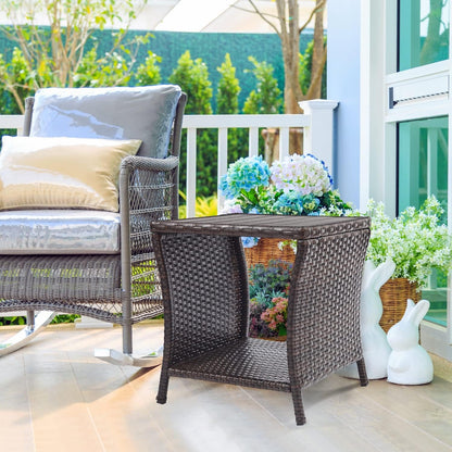 Outdoor Side Table for Patio Small Rattan Wicker Coffee Table Balcony Table Outside End Table with Poly Lumber Table Top & Storage Bistro Table for Garden Porch Deck Living Room Backyard Brown