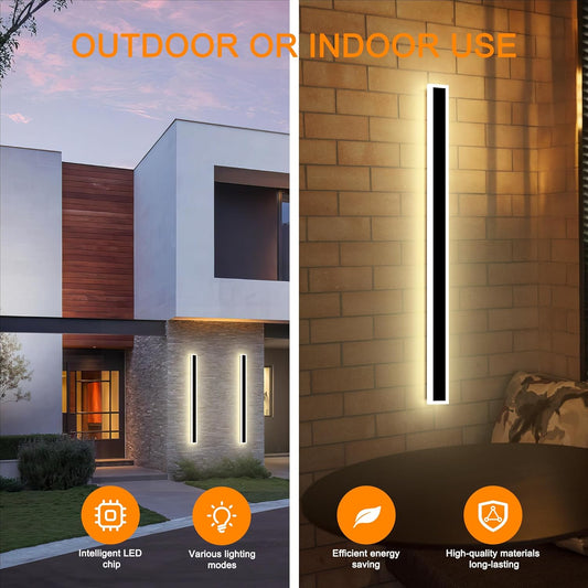 Modern Outdoor Wall Lights, 2 Pack Long Wall Sconce, Lighting Fixtures Long Wall Light 24w Waterproof Ip65 Black Exterior Sconce Led Linear Light for Garage, Patio (2packWarmcolor, 31.5inch)