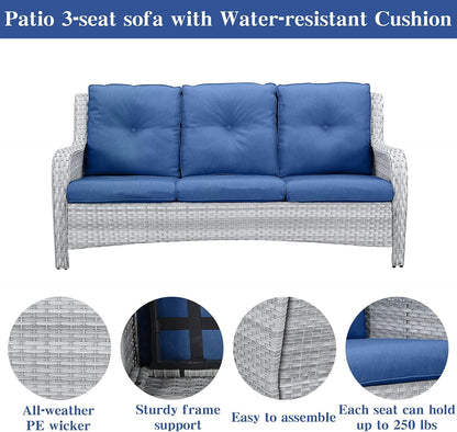 Wicker Patio Furniture Sets - 8 Piece Outdoor Rattan Furniture Conversation Sets with 4 Swivel Rocker Chairs, Rattan Sofa, Wicker Ottomans and Coffee Table, Light Grey/Blue