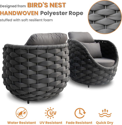 Balcony Furniture Set for Apartments: 4 Pieces Aluminum Woven Rope Patio Conversation Set - Modern Cushioned Lounge Chair Set - Assembled Porch Armchair for 400lbs Garden Lanai Hotel, Dark Grey