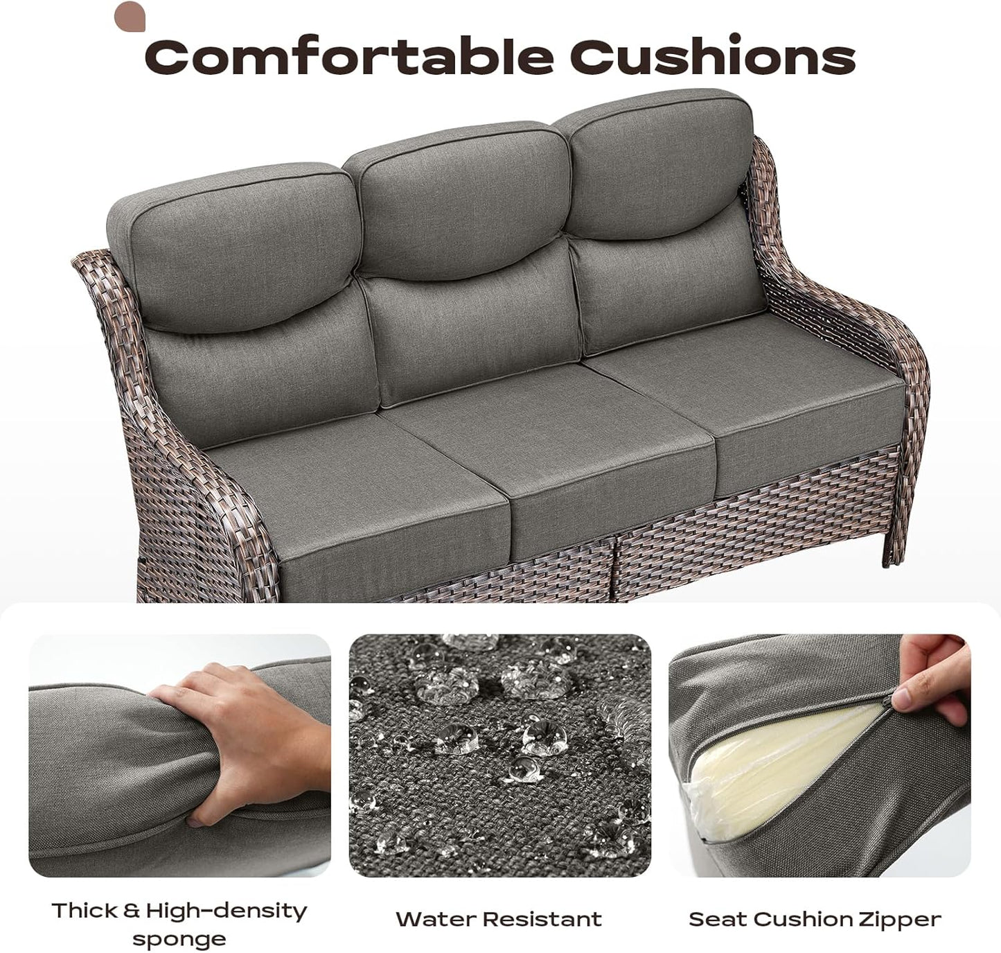 Wicker Outdoor Patio Furniture Set - 6 Piece Patio Conversation Sets with Swivel Rocker Chairs, Ottomans, Sofa and Coffee Table, 6 inch Cushions, Deep Seating, for Porch Deck Brown/Grey