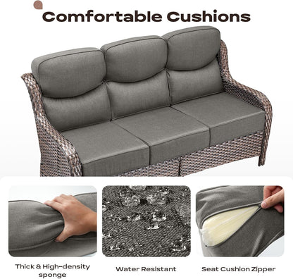 Wicker Outdoor Patio Furniture Set - 5 Piece Patio Conversation Sets with Swivel Rocker Chairs, Ottomans and Sofa, 6 inch Cushions, Waterproof Wicker, for Porch Deck Brown/Grey