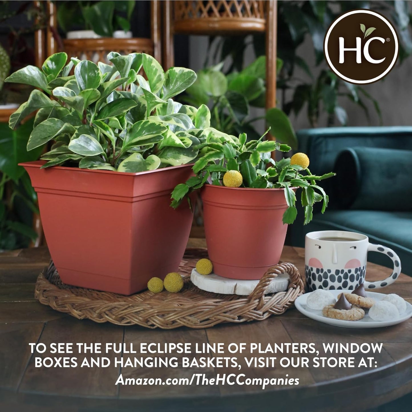 The HC Companies Eclipse Round Planter with Saucer - Outdoor & Indoor Plant Pot with Drainage Holes - Lightweight, UV-Resistant Plastic Pots for Plants, Flowers & Herbs (12" Teal, Pack of 6)