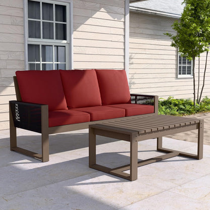 EAGLE PEAK Natural Wood Outdoor Patio Furniture, Cedar Furniture, Conversation Set, Outdoor Seating for Deck Patio Porch, Sofa & Coffee Table, 2 Pieces, Brown/Red