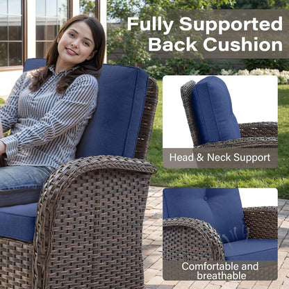 Expansive 10 Pieces Outdoor Patio Furniture Set with 43” Propane Fire Pit Table, Patio Conversation Set with Swivel Rocker Outdoor Chairs Set of 4 and Sofa, Ottoman and Wicker Side Table Brown