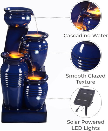 Teamson Home 28.74 in. 4-Tier Cascading Bowl Solar-Powered Water Fountain with LED Lights for Gardens, Landscaping, Patios, Balconies, Lawns, Navy Blue