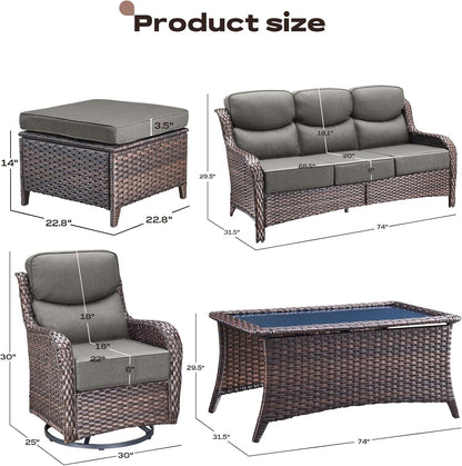 Wicker Outdoor Patio Furniture Set - 6 Piece Patio Conversation Sets with Swivel Rocker Chairs, Ottomans, Sofa and Coffee Table, 6 inch Cushions, Deep Seating, for Porch Deck Brown/Grey