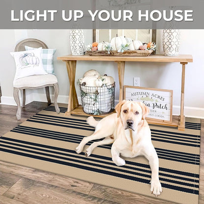 IOHOUZE Black and Tan Striped Rug 3'x5' Front Door Rugs Outdoor, Washable Area Rug for Front Porch, Spring Summer Welcome Mats Outdoor Indoor, Doormat for Entryway Porch Entrance