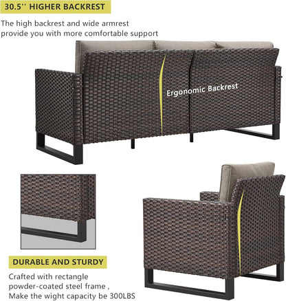 HUMMUH 5 Piece Patio Furniture Set with Fire Pit Table 41in 55,000 BTU,Wicker Outdoor Conversation Sets -Patio Sofa Outdoor Chairs Set of 2 for Porch,Garden,Backyard