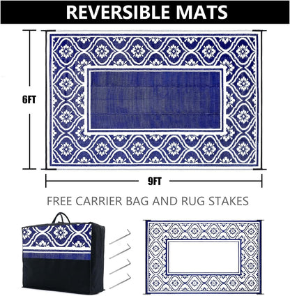 Plastic Outdoor Rug 6'x9' Waterproof Camping Carpet Outside Area Rug Reversible Light Blue Rugs for RV Deck Entryance Porch Picnic Balcony Beach