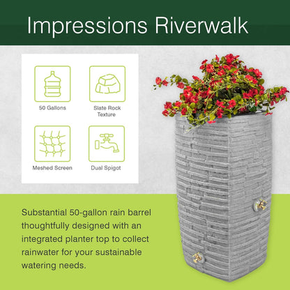 Good Ideas Impressions Riverwalk Rain Water Collection Barrel, Dark Granite, 50 Gallon - Faux Slate Rock Rainwater Catcher, Plastic Storage Drum with Dual Robust Metal Spigots & Fine Mesh Screen