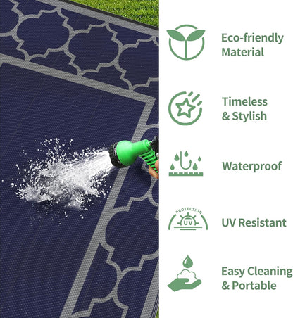 GENIMO 10 ' x 14 ' Outdoor Rug Waterproof for Patio Decor, Foldable Reversible Plastic Straw Area Rugs Mat for Camper, Outside Carpet for Rv, Deck, Porch, Picnic, Beach, Balcony, Blue & Grey