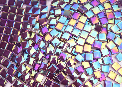 300G Iridescent Mosaic Tiles for Crafts, 335pcs Small Purple Crystal Glass Tiles for Mosaic Making Projects, 3/8" Square Stained Glass Mosaic Pieces for DIY Mosaic Work, Tiles for Glass Art