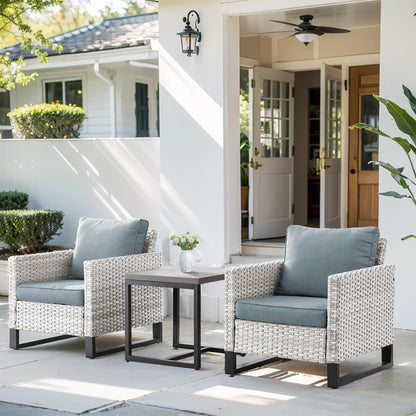 HUMMUH 3-Piece Outdoor PE Wicker Patio Chairs with Metal Frame, Porch Chairs with 4 inch Seat Cushions - Light Blue