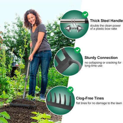 Garden Rake, 6 FT Bow Rakes for Lawns Heavy Duty, Yard Metal Rake with Adjustable Long Handle, 14 Tines Head, Gardening Tool for Loosen Soil, Gather Leaves, Level Mulch, Remove Debris