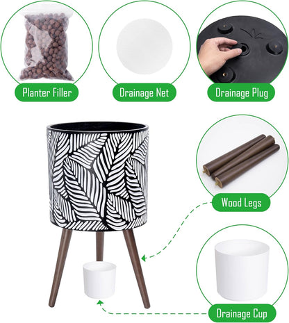 D'vine Dev 14 Inch Planter Pot with Stand, Mid-Century Tall Plant Pot with Legs for Indoor Plants, X-Large, White/Grey, 88-L-D-7