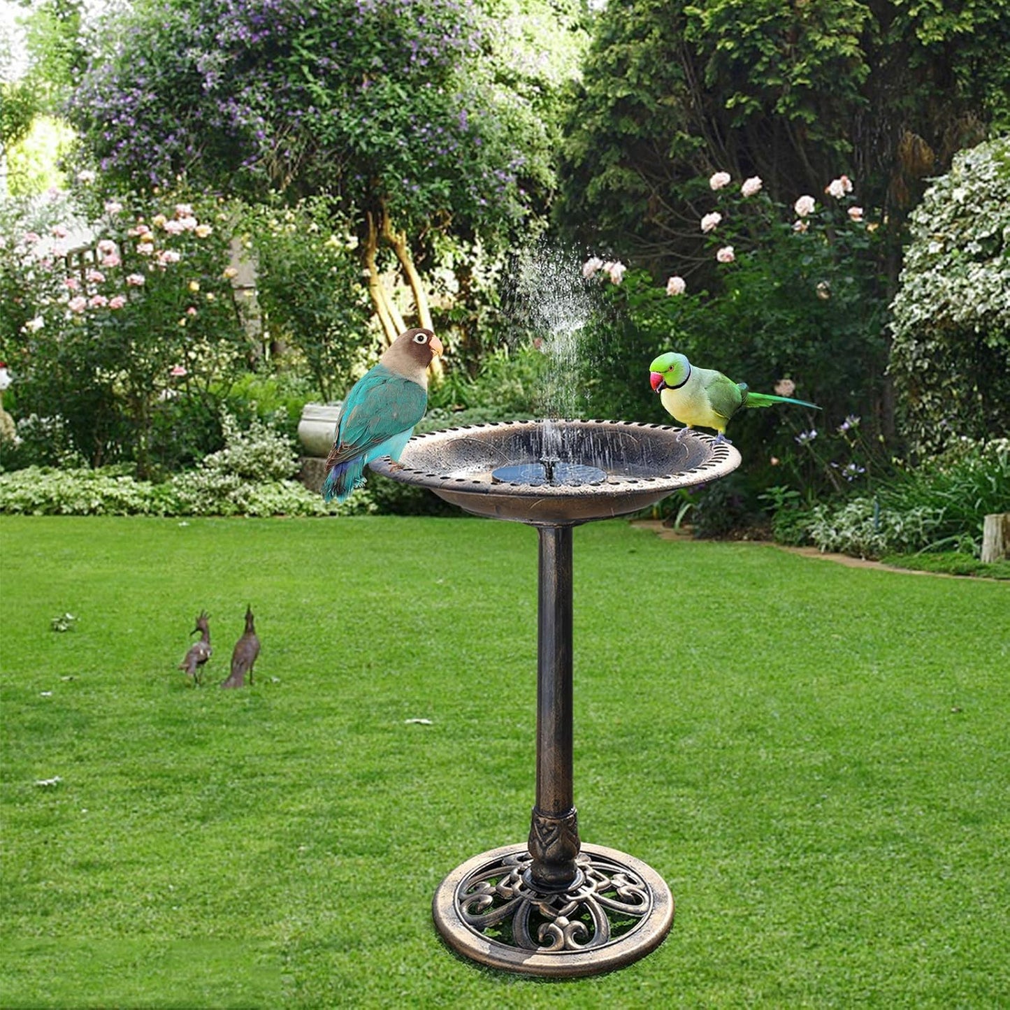 VINGLI 28 Inch Bird Bath with Solar Fountain Antique Copper Weather Resistant Resin Pedestal Birdbaths Floral Accents and Vintage Finish Garden Decor for Outdoor Lightweight Courtyard…