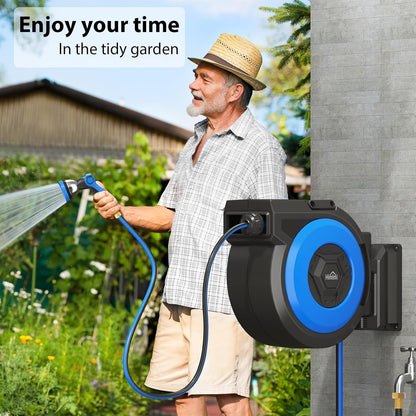 Retractable Garden Hose Reel, 1/2" x 131FT Heavy Duty Automatic Retractable Hose Reel Wall Mount, with 10- Function Sprayer Nozzle, Any Length Lock/Auto Rewind/180°Swivel