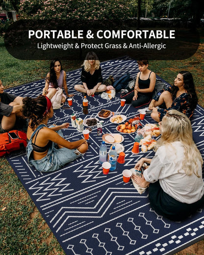 Outdoor Rug Carpet Waterproof 5x8 ft Patio Rug Mat Indoor Outdoor Area Rug for RV Camping Picnic Reversible Lightweight Plastic Straw Outside Rug for Patio Decor Decoration Boho Rug Navy Blue White