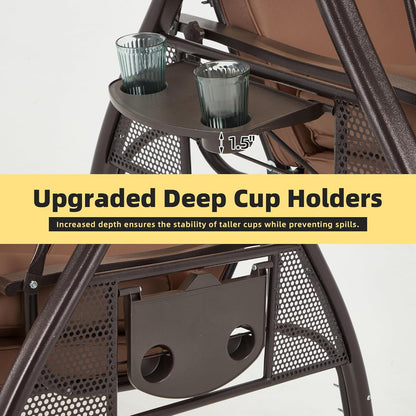 HOMREST 3 Person Outdoor Porch Swing with 1.5" Upgraded Cup Holder, Adjustable Canopy, Backrest, Patio Swing Bed with Weather Resistant Steel Frame, Cushions for Garden,Deck and Poolside(Brown)