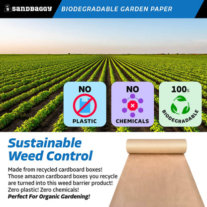 Sandbaggy Biodegradable Landscape Fabric - Garden Paper for Weeds - Paper Mulch Rolls (5 ft x 50 ft, 1)