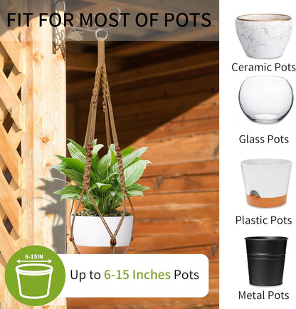 43 Inch Macrame Plant Hanger - Fits 6-15 Inch Pots, Extra Long Hanging Planter Holder for Indoor Outdoor, with Red Wood Beads, Boho Home Decor, 2 Pack, Brown (POTS NOT Included)