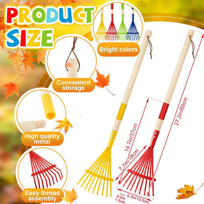 Suclain 4 Pcs Mini Rakes with Hardwood Handle Small Rake for Gardening Yard Tools Multicolor 28'' Mini Rake for Leaves Lightweight for Garden Leaf Tools