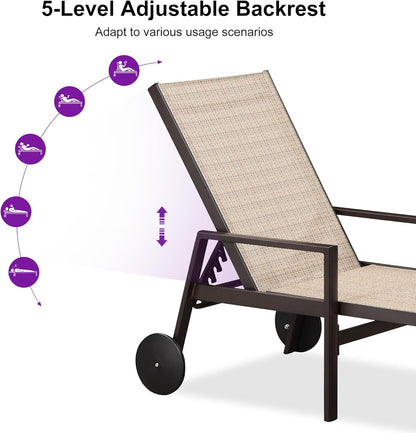 PURPLE LEAF Pool Lounge Chairs Set of 3 Aluminum Outdoor Lounge Chairs with Wheels and Armrests Adjustable Patio for Deck Outside Lawn Garden, Light Tan