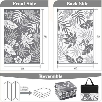 Pauwer Waterproof Outdoor Rug 6x9, Reversible Plastic Straw Patio Camping Rug, Indoor Outdoor RV Mat Carpet for Deck, Camper, Porch, Balcony, Backyard, Picnic, Floral Grey